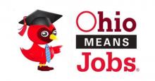Ohio Means Jobs logo with a red bird wearing a graduation cap
